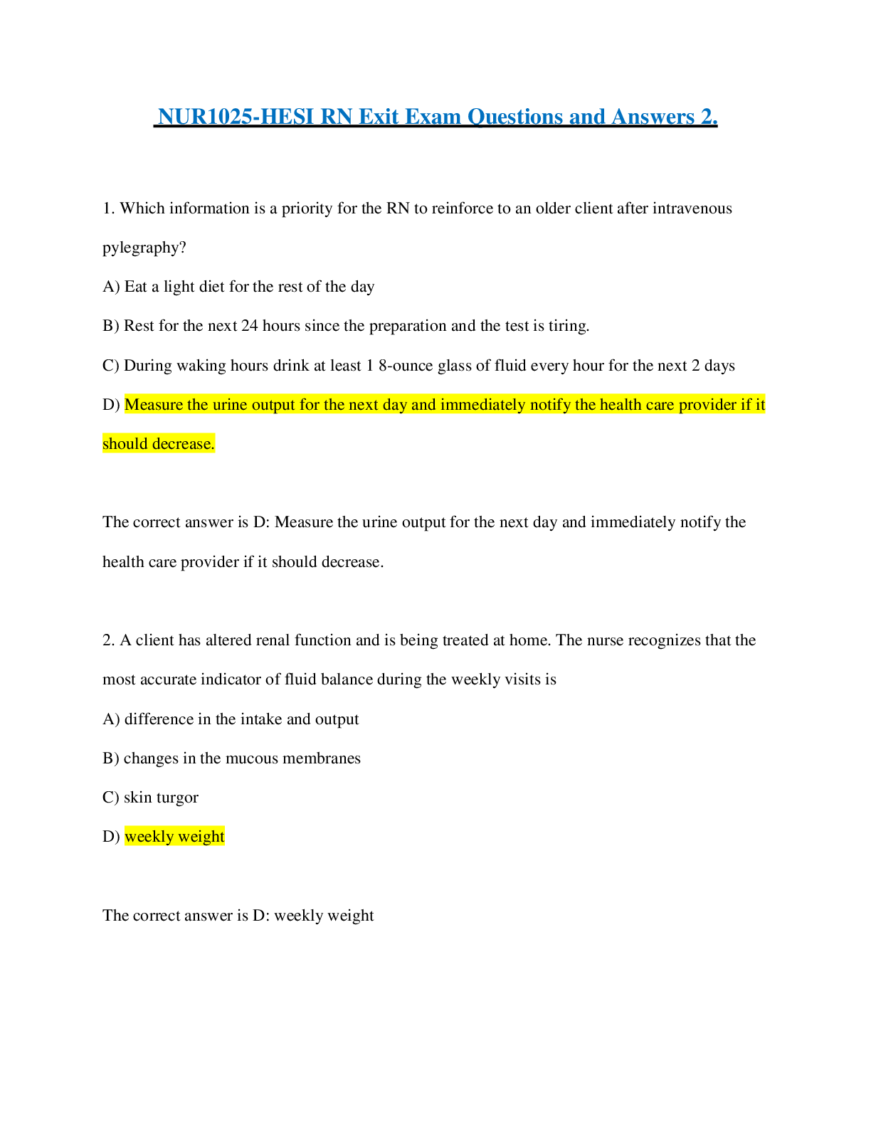 Preview of NUR1025-HESI RN Exit Exam Questions and Answers 2